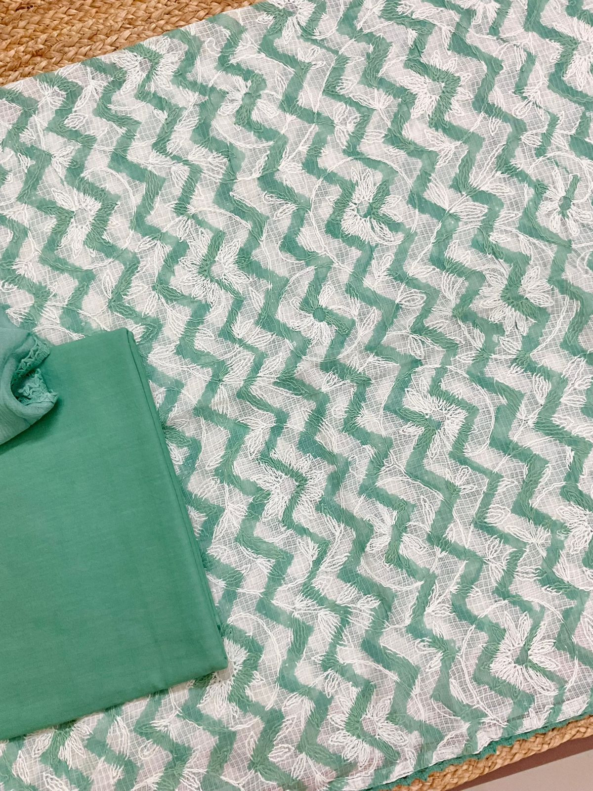 Pure Kota Cotton Printed Embroidered Suit - Green