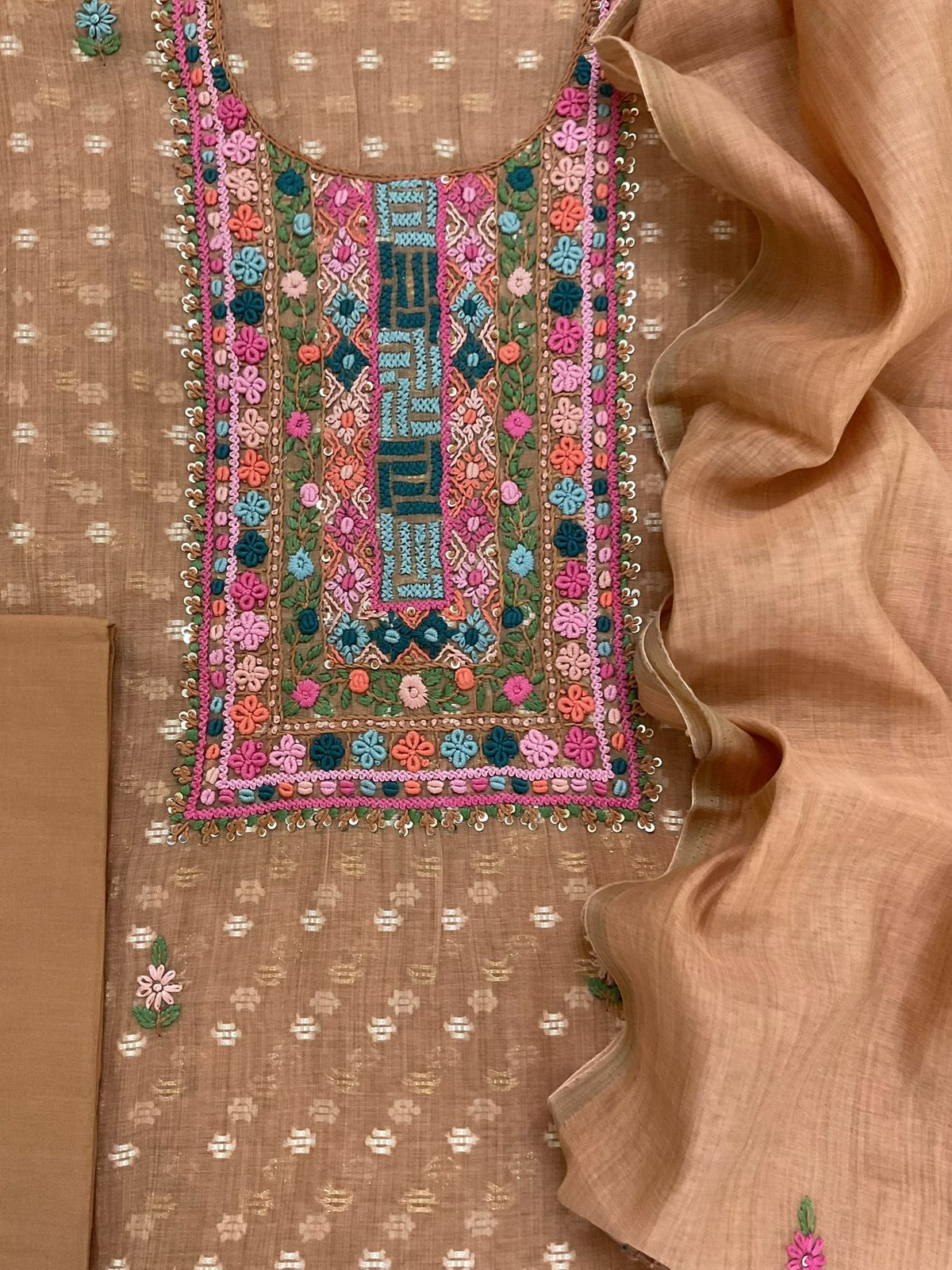 Pure Fine Slub Chanderi Jamdani Weaved Printed Embroidered Suit - Brownish Peach