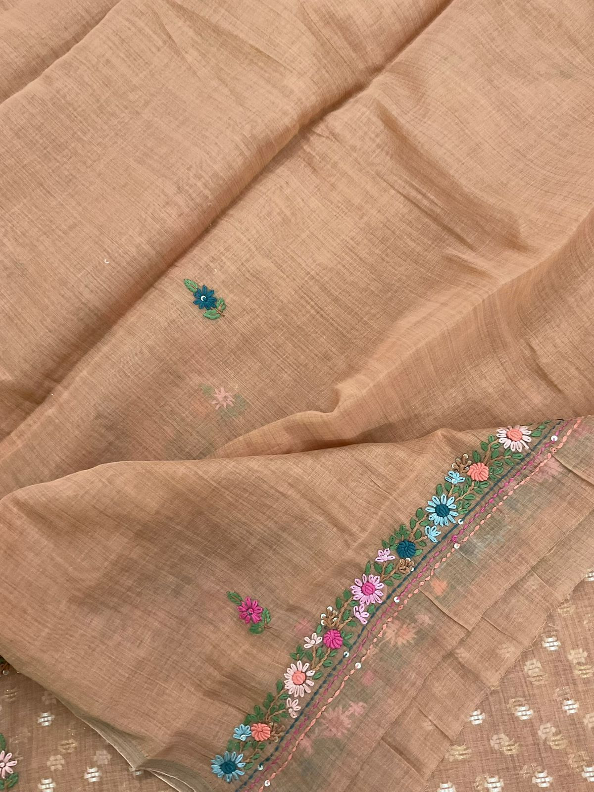 Pure Fine Slub Chanderi Jamdani Weaved Printed Embroidered Suit - Brownish Peach