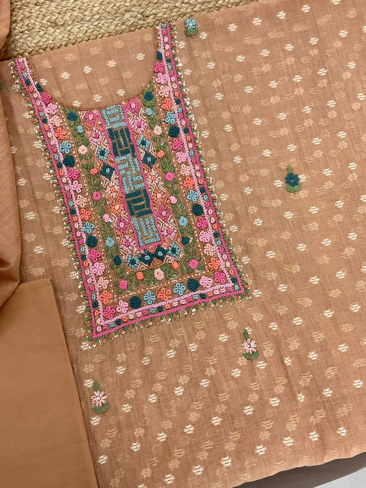 Pure Fine Slub Chanderi Jamdani Weaved Printed Embroidered Suit - Brownish Peach