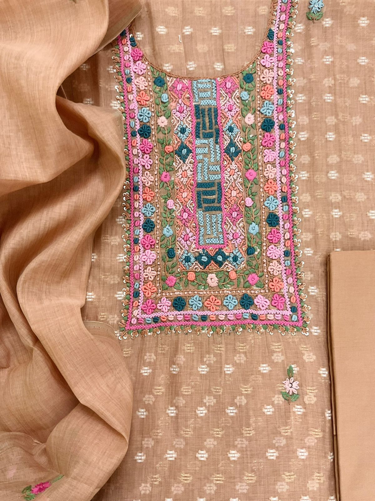 Pure Fine Slub Chanderi Jamdani Weaved Printed Embroidered Suit - Brownish Peach
