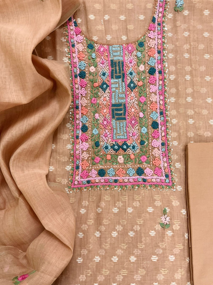 Image of Pure Fine Slub Chanderi Jamdani Weaved Printed Embroidered Suit - Brownish Peach