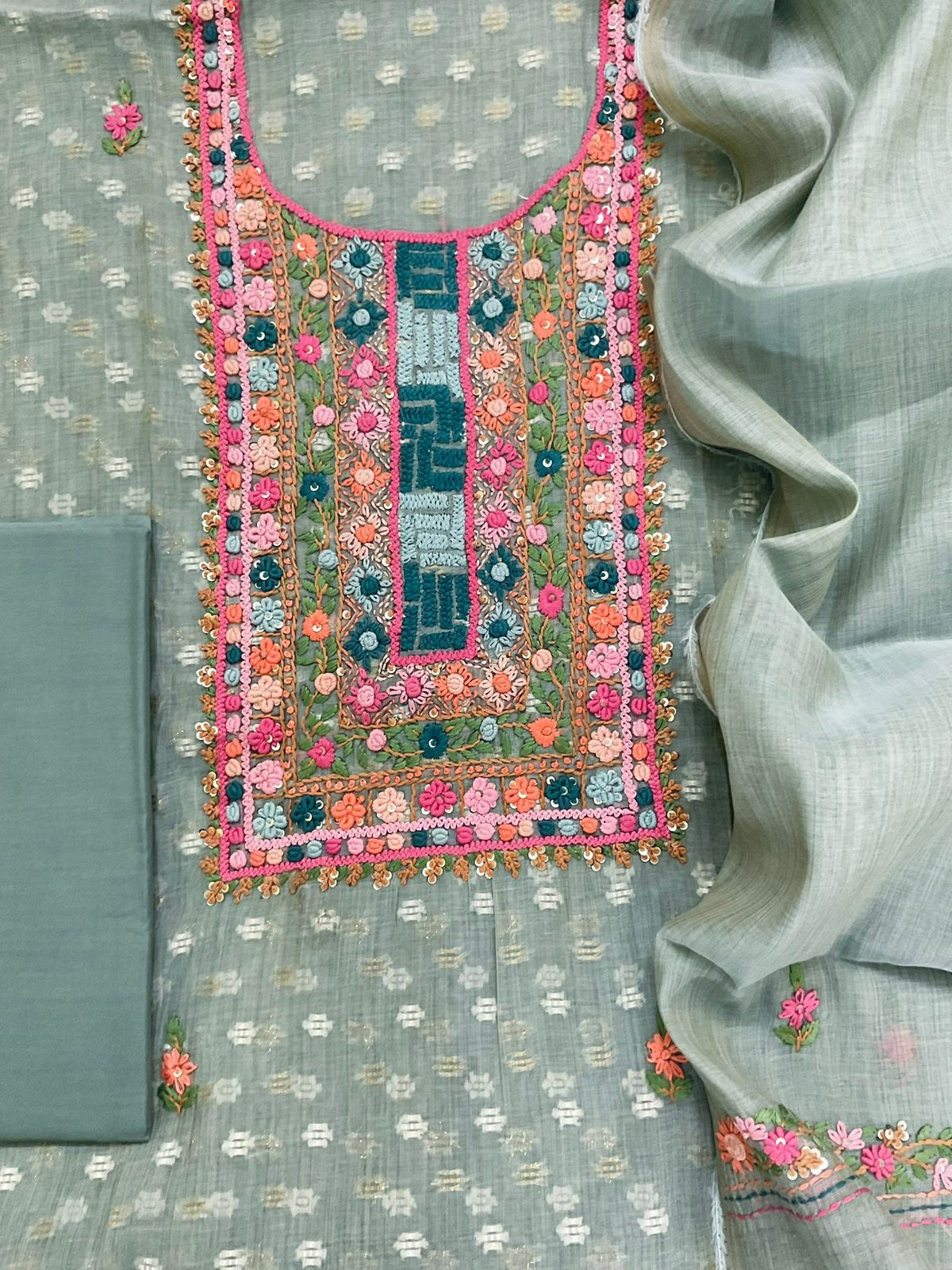 Pure Fine Slub Chanderi Jamdani Weaved Printed Embroidered Suit - Greyish Blue