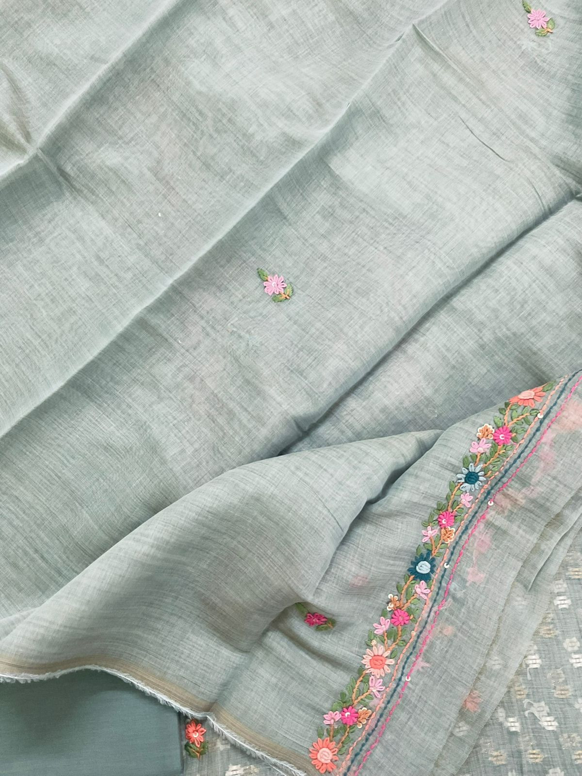 Pure Fine Slub Chanderi Jamdani Weaved Printed Embroidered Suit - Greyish Blue