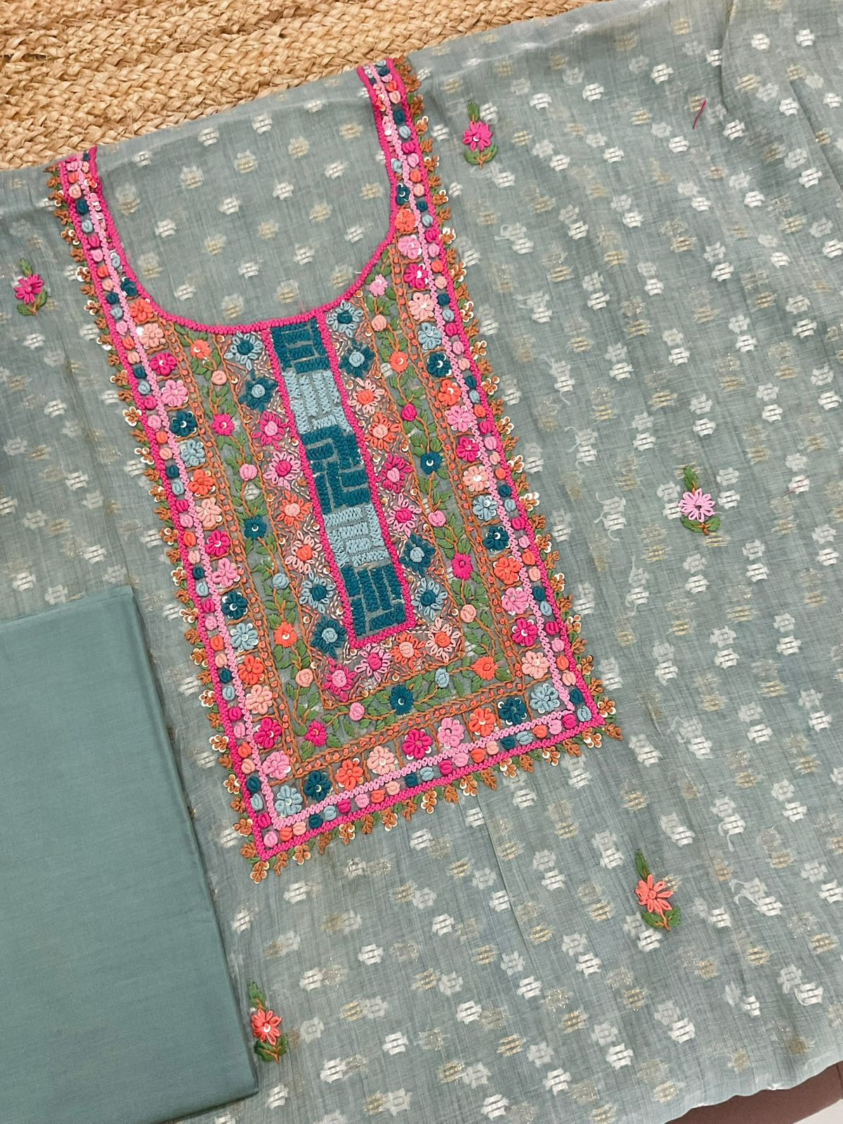 Pure Fine Slub Chanderi Jamdani Weaved Printed Embroidered Suit - Greyish Blue