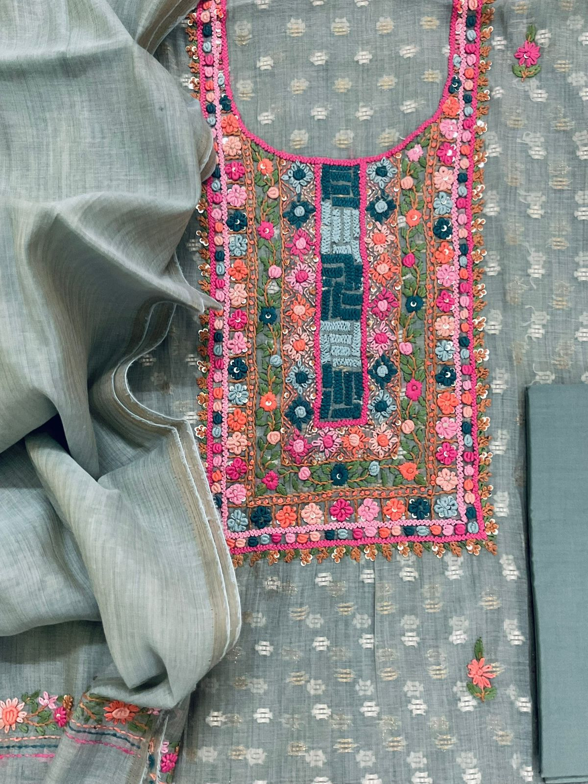 Pure Fine Slub Chanderi Jamdani Weaved Printed Embroidered Suit - Greyish Blue