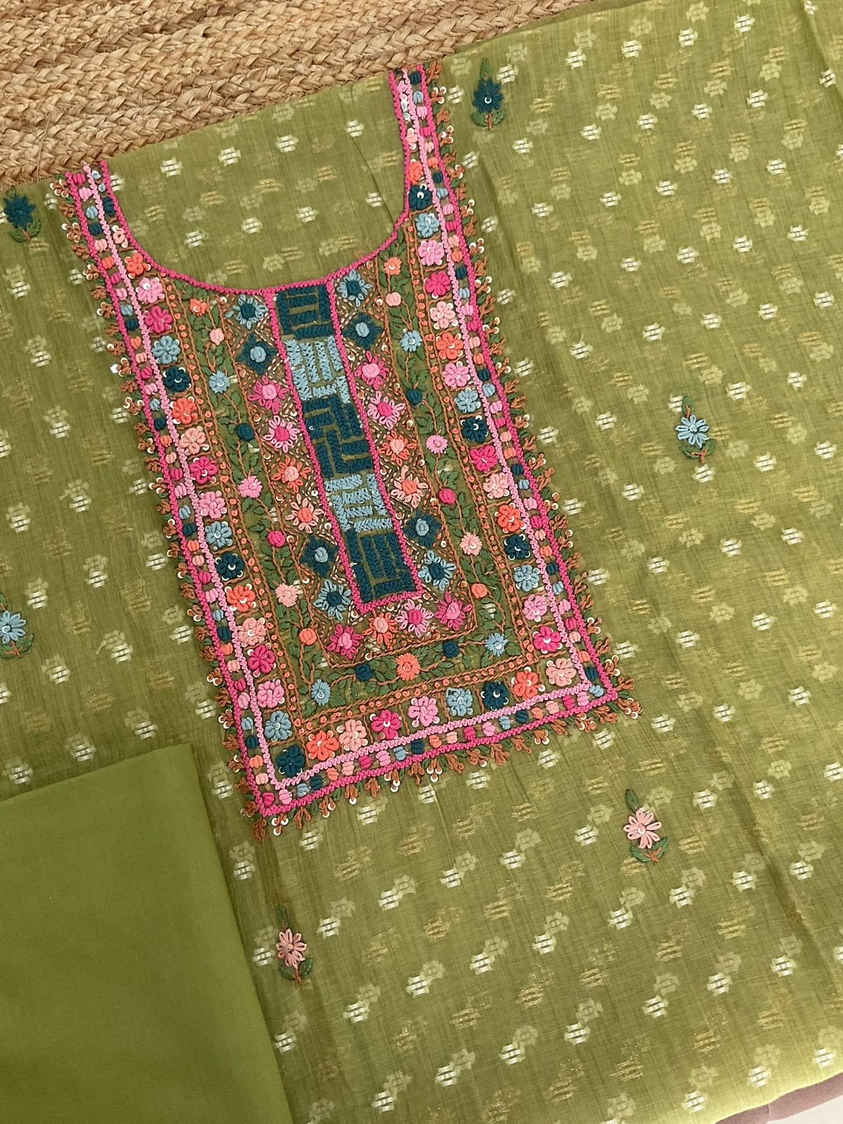 Pure Fine Slub Chanderi Jamdani Weaved Printed Embroidered Suit - Green