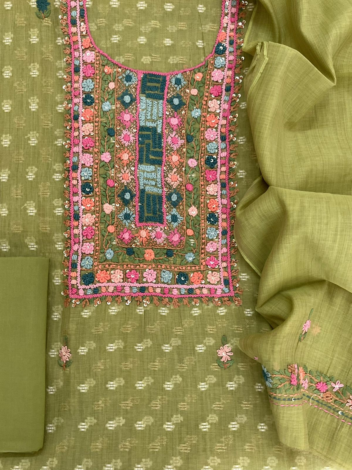 Pure Fine Slub Chanderi Jamdani Weaved Printed Embroidered Suit - Green