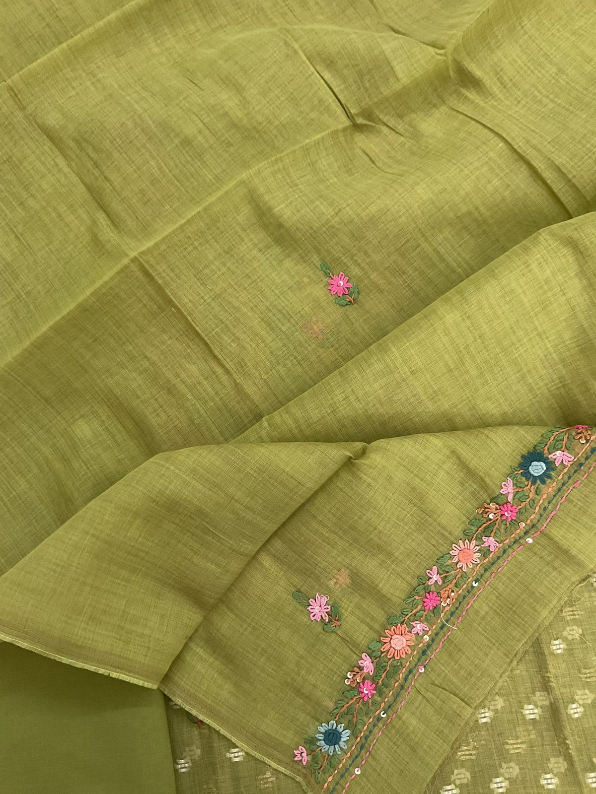 Pure Fine Slub Chanderi Jamdani Weaved Printed Embroidered Suit - Green