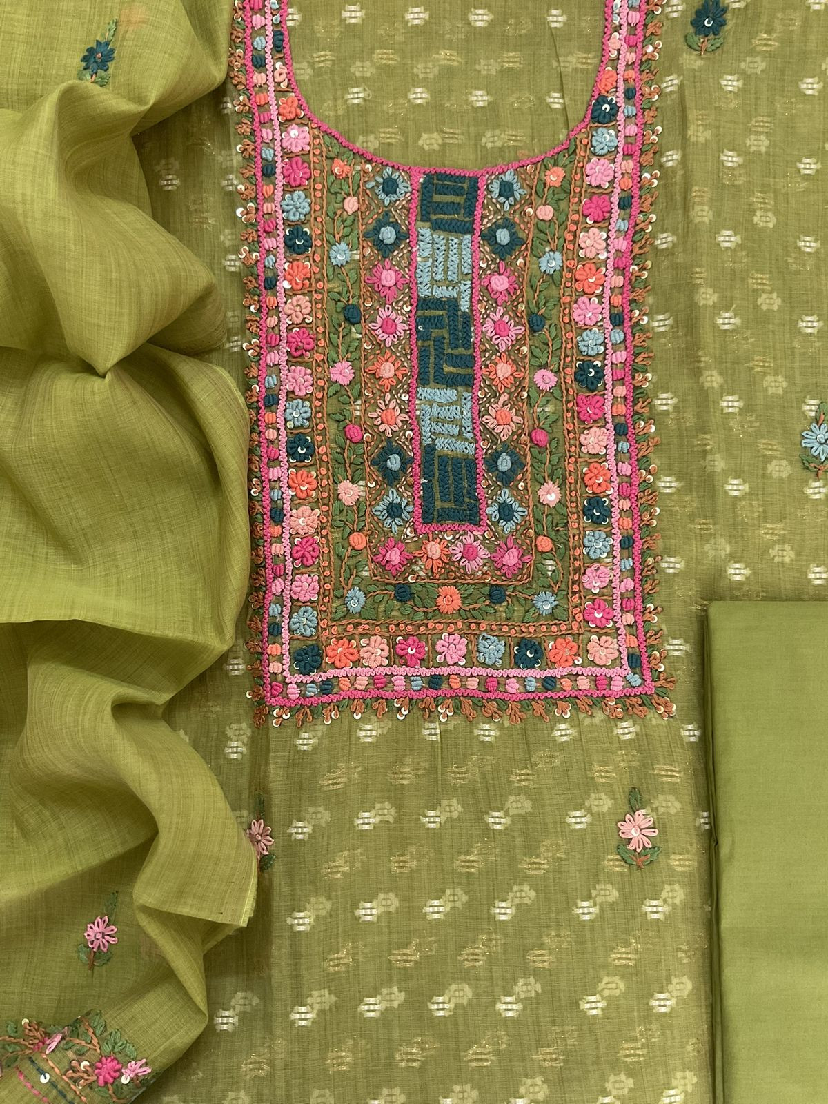 Pure Fine Slub Chanderi Jamdani Weaved Printed Embroidered Suit - Green
