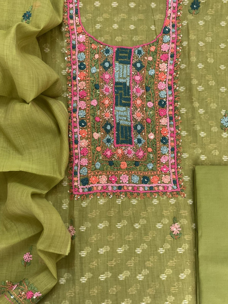 Image of Pure Fine Slub Chanderi Jamdani Weaved Printed Embroidered Suit - Green