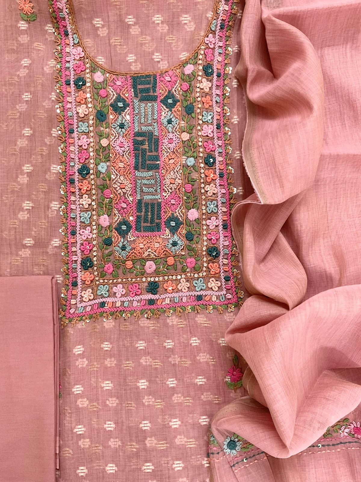Pure Fine Slub Chanderi Jamdani Weaved Printed Embroidered Suit - Pink
