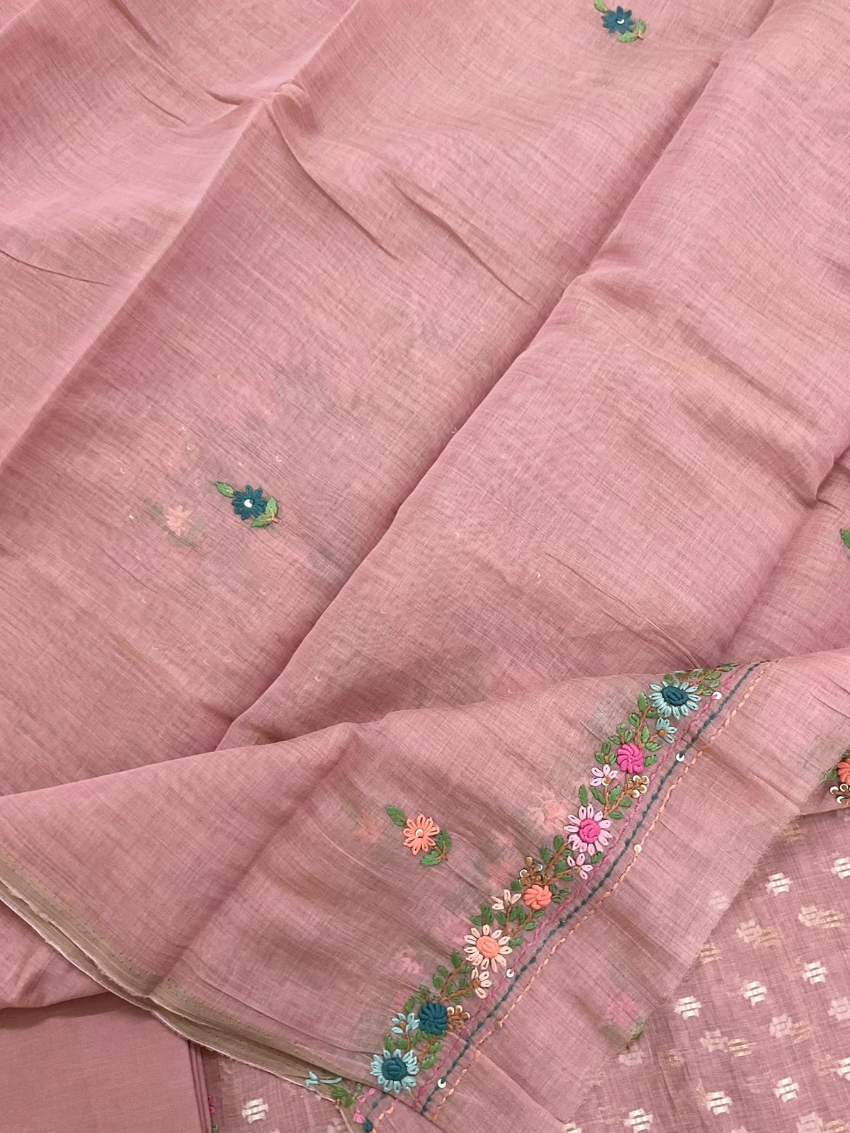 Pure Fine Slub Chanderi Jamdani Weaved Printed Embroidered Suit - Pink