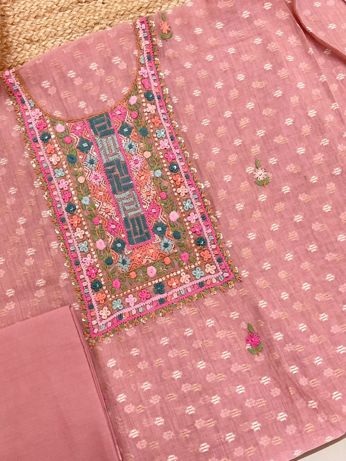 Pure Fine Slub Chanderi Jamdani Weaved Printed Embroidered Suit - Pink