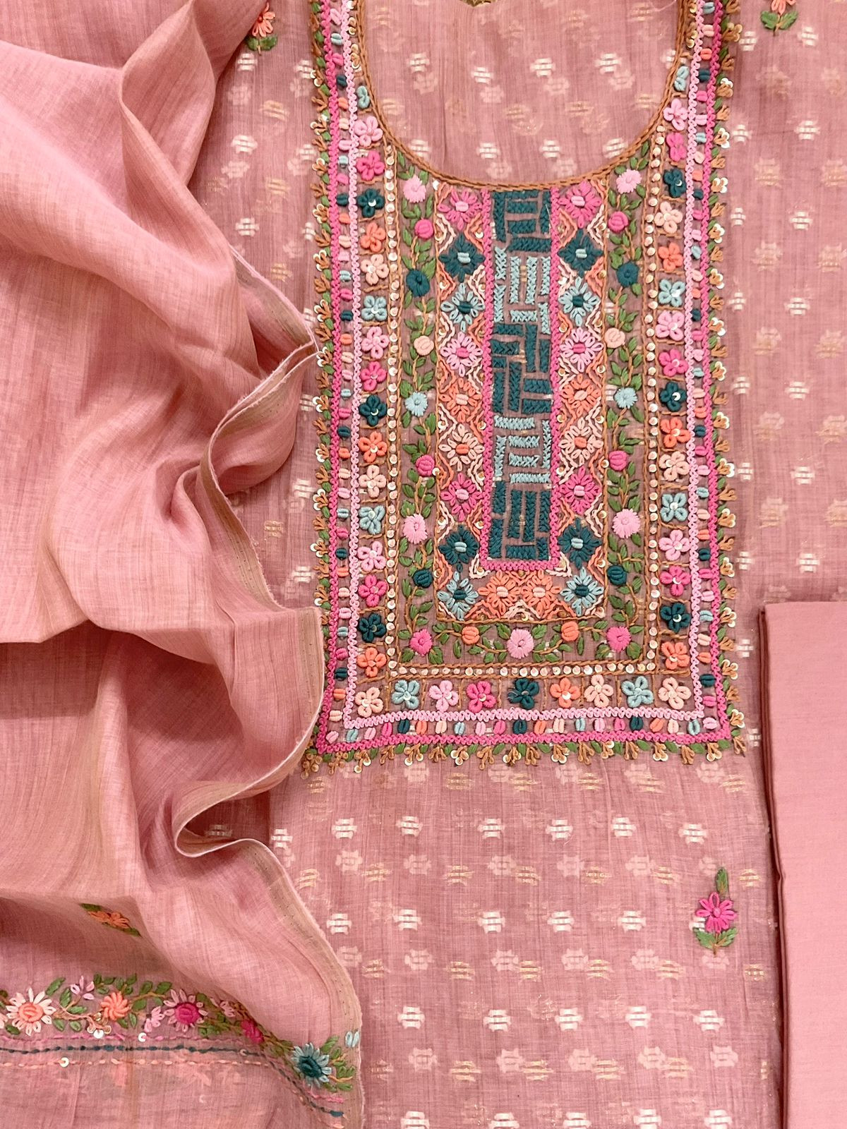 Pure Fine Slub Chanderi Jamdani Weaved Printed Embroidered Suit - Pink