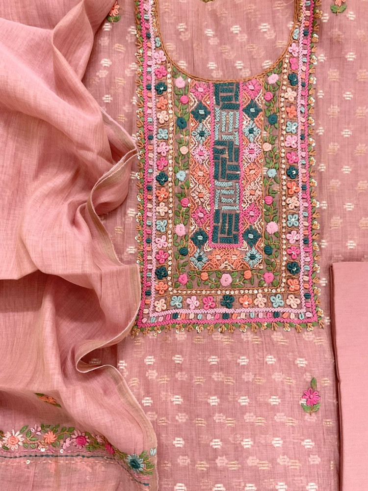 Image of Pure Fine Slub Chanderi Jamdani Weaved Printed Embroidered Suit - Pink