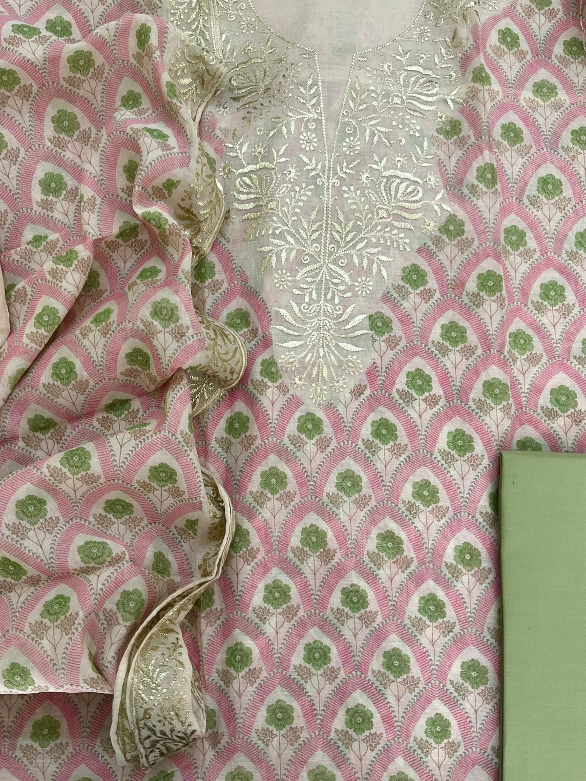 Pure Mul Chanderi Printed Embroidered Suit - Pink