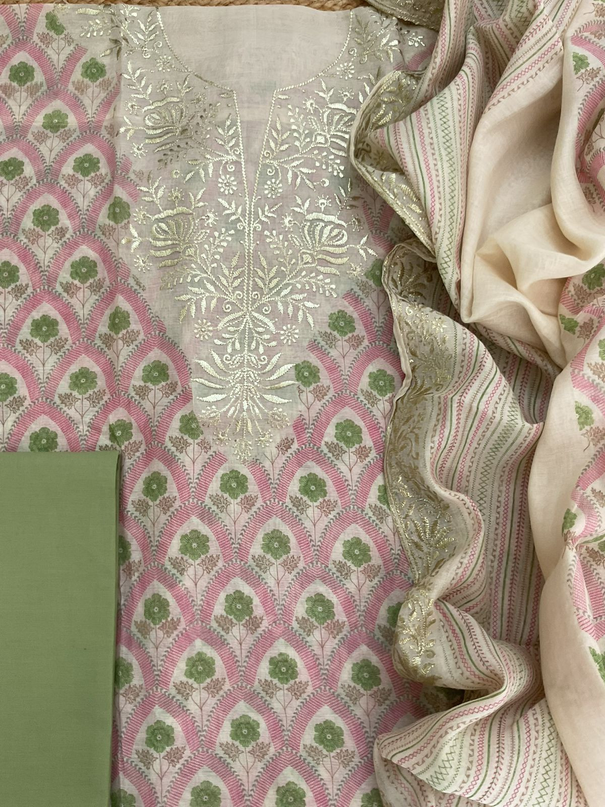 Pure Mul Chanderi Printed Embroidered Suit - Pink