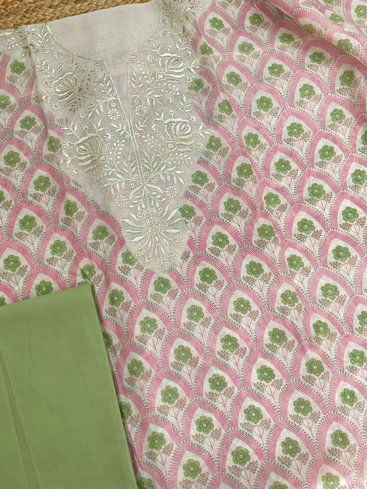 Pure Mul Chanderi Printed Embroidered Suit - Pink