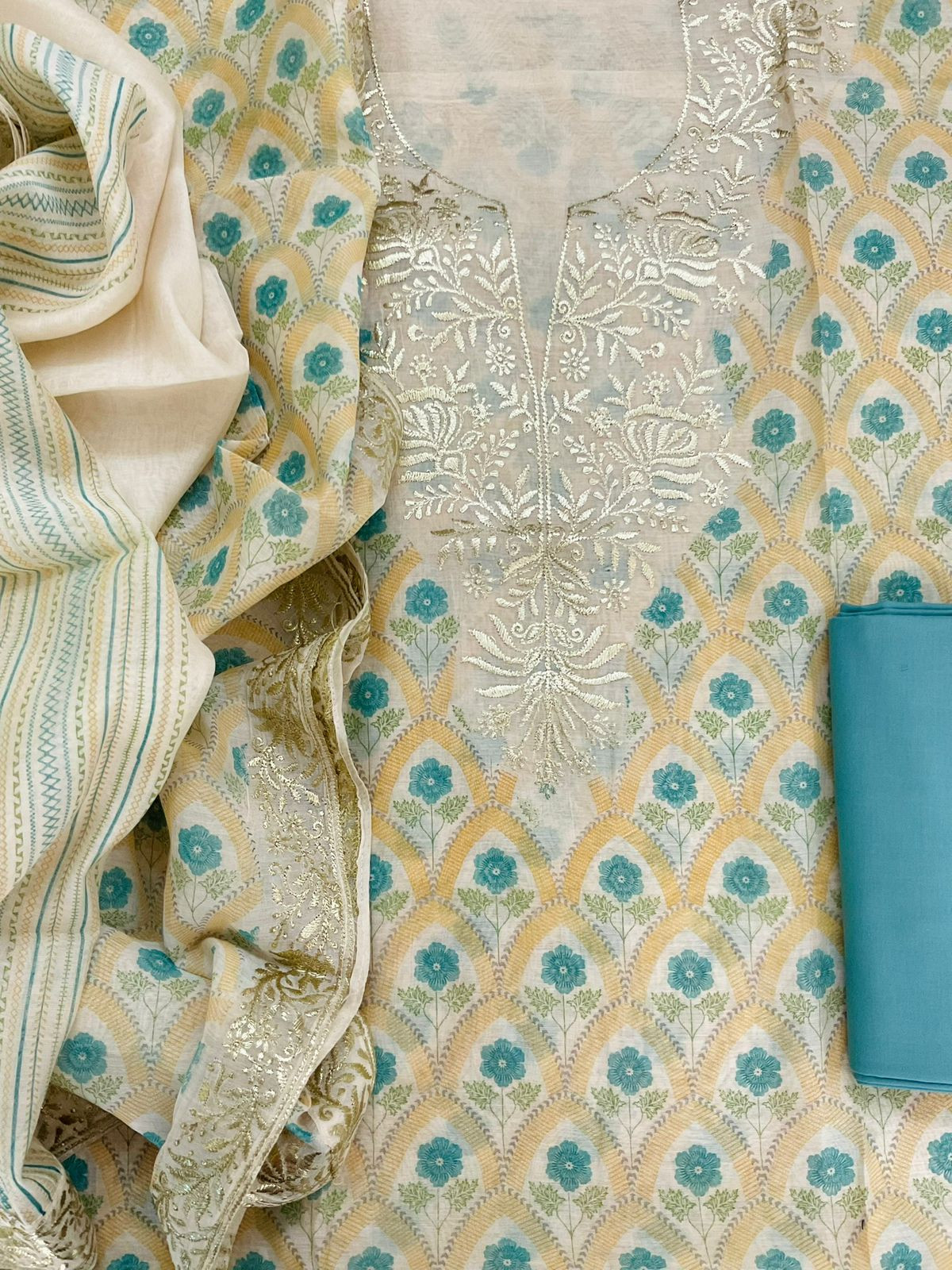 Pure Mul Chanderi Printed Embroidered Suit - Yellow