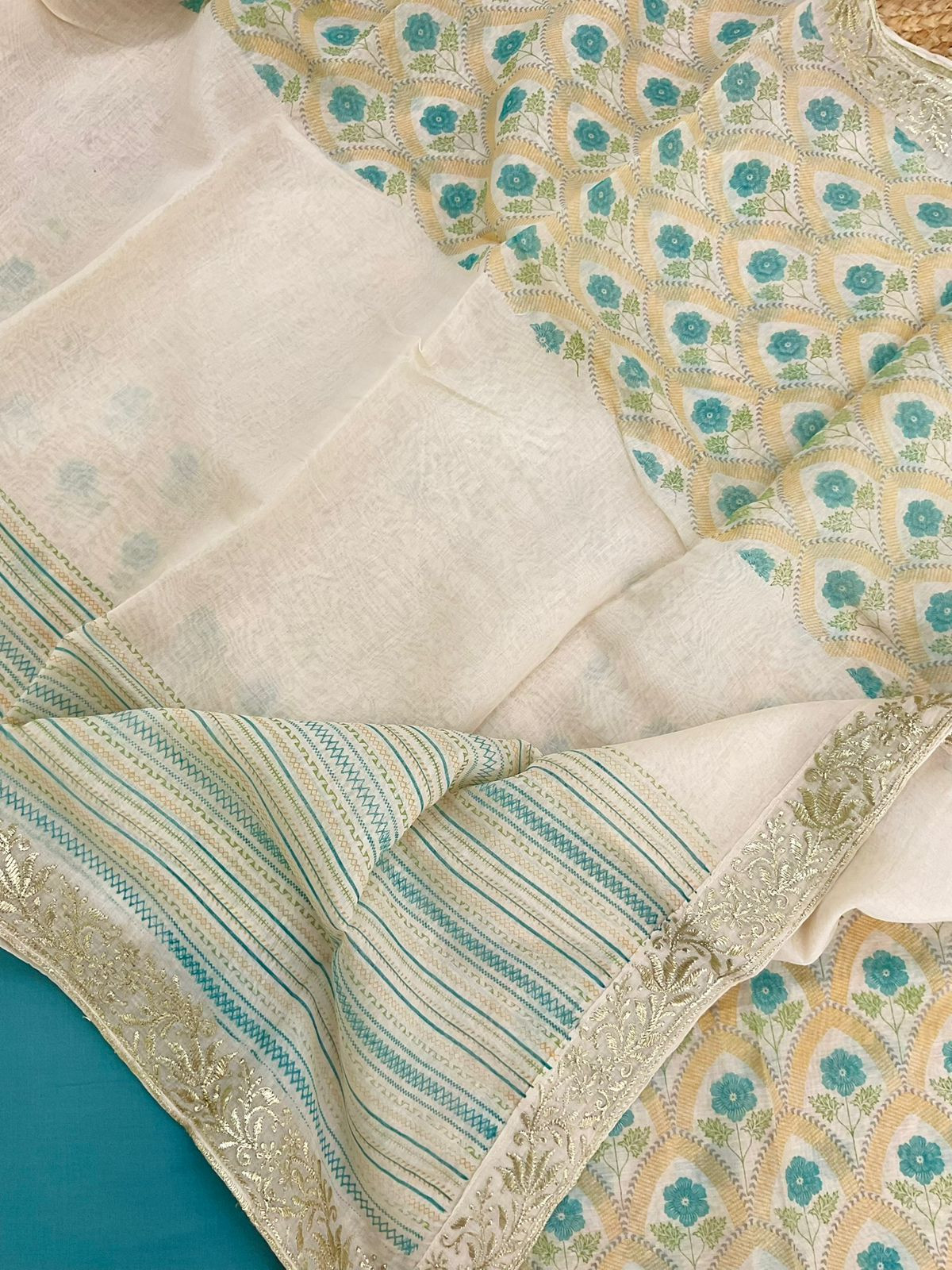 Pure Mul Chanderi Printed Embroidered Suit - Yellow