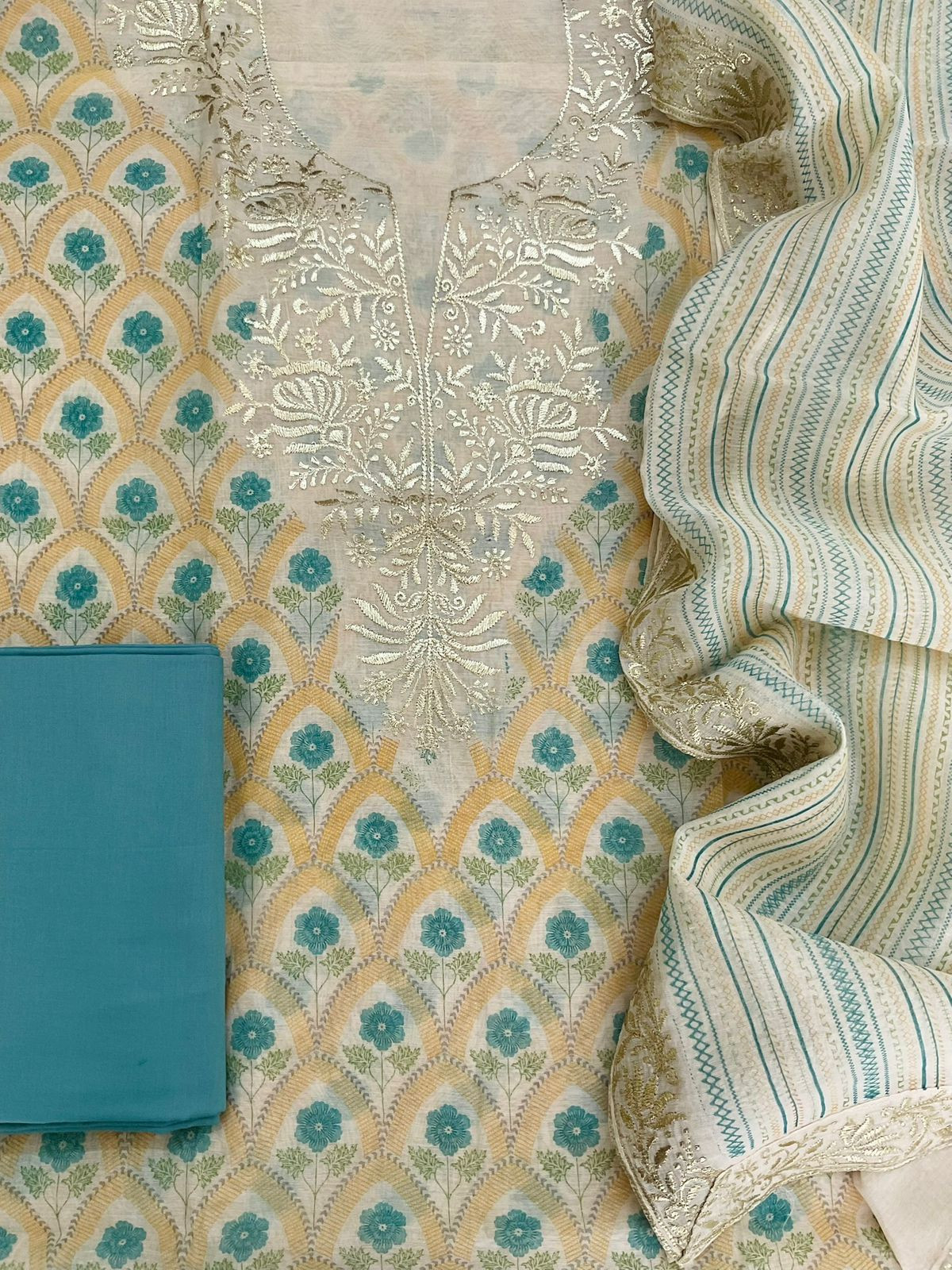 Pure Mul Chanderi Printed Embroidered Suit - Yellow