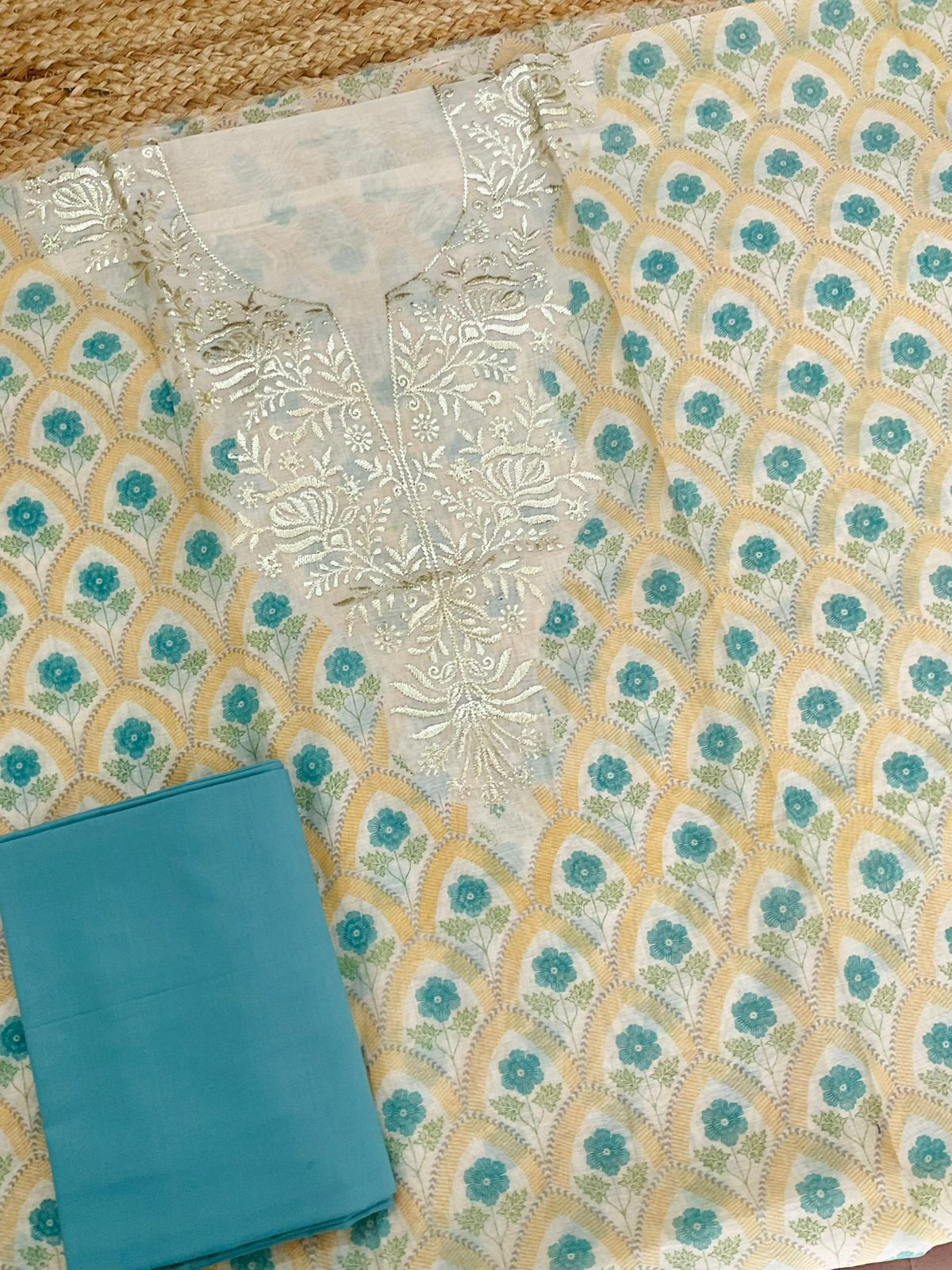 Pure Mul Chanderi Printed Embroidered Suit - Yellow