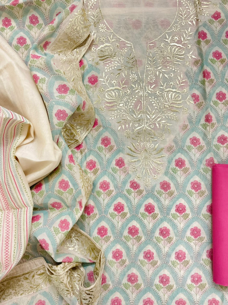 Image of Pure Mul Chanderi Printed Embroidered Suit - Blue