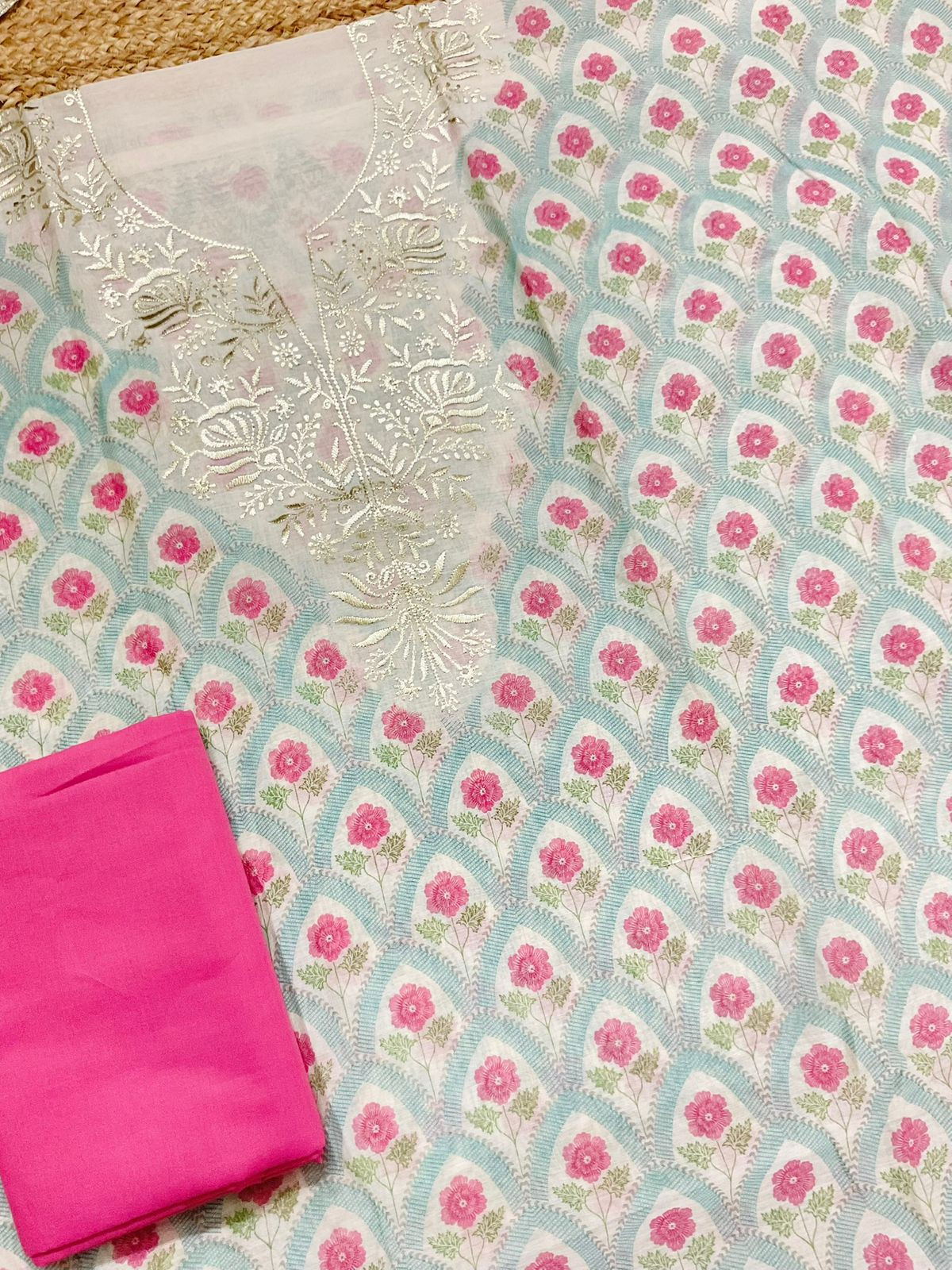 Pure Mul Chanderi Printed Embroidered Suit - Blue