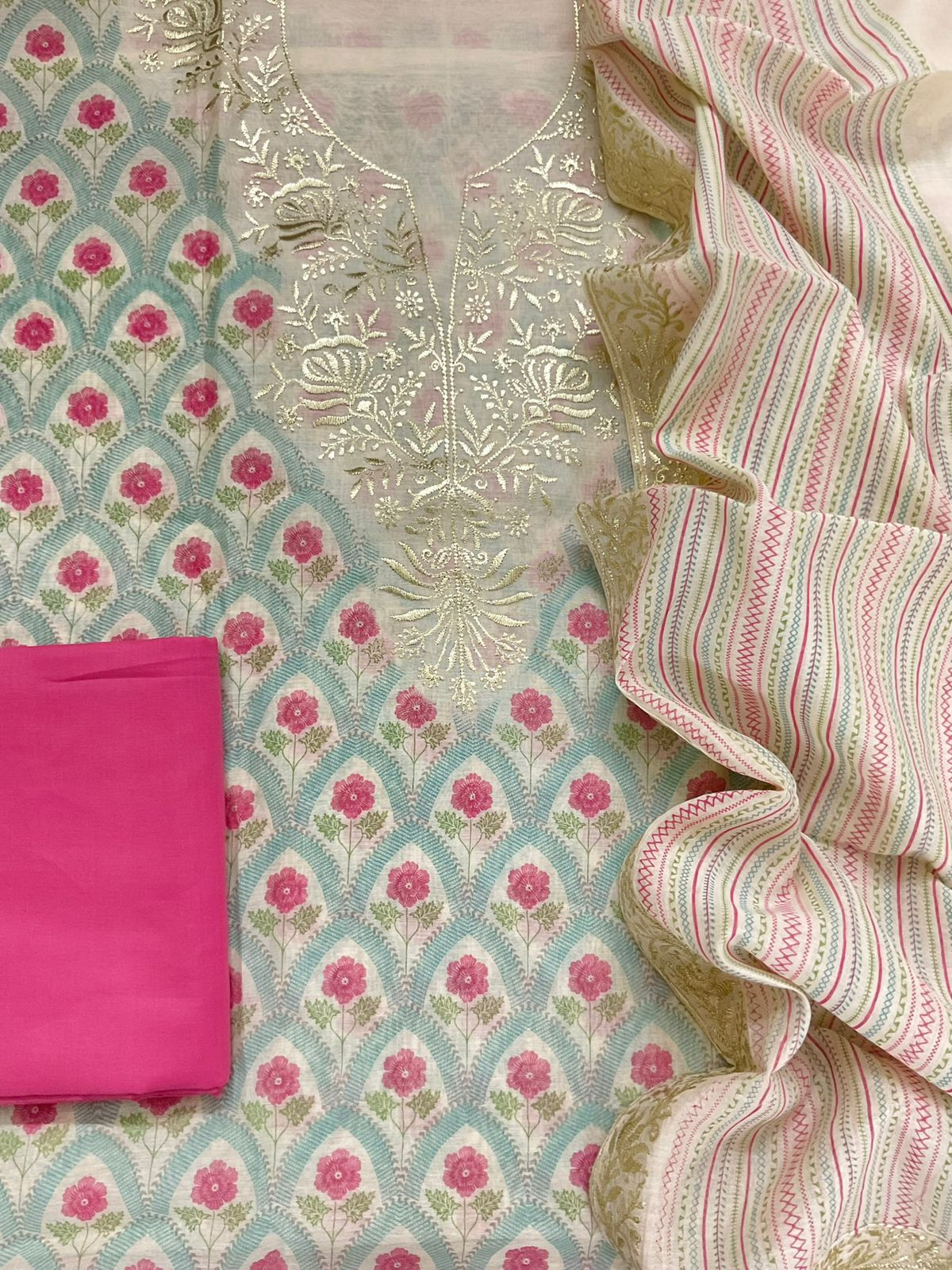 Pure Mul Chanderi Printed Embroidered Suit - Blue