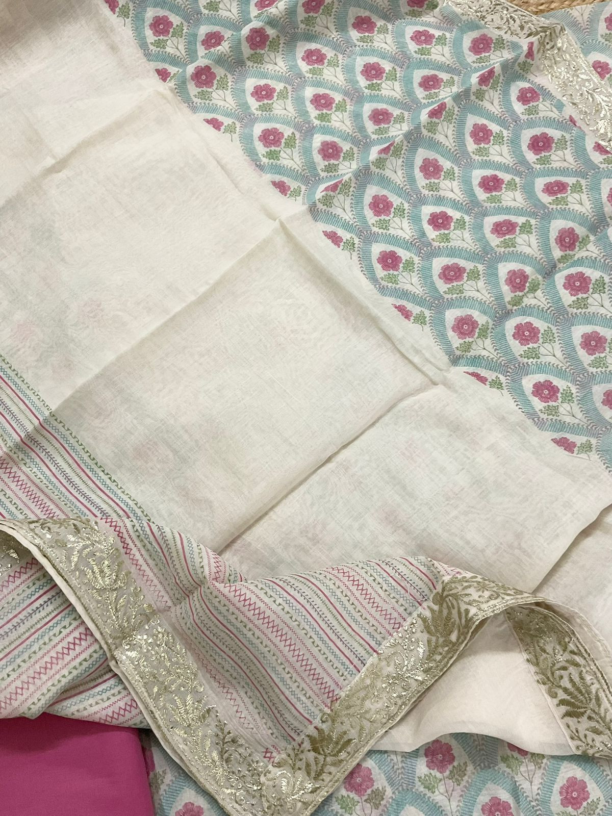 Pure Mul Chanderi Printed Embroidered Suit - Blue