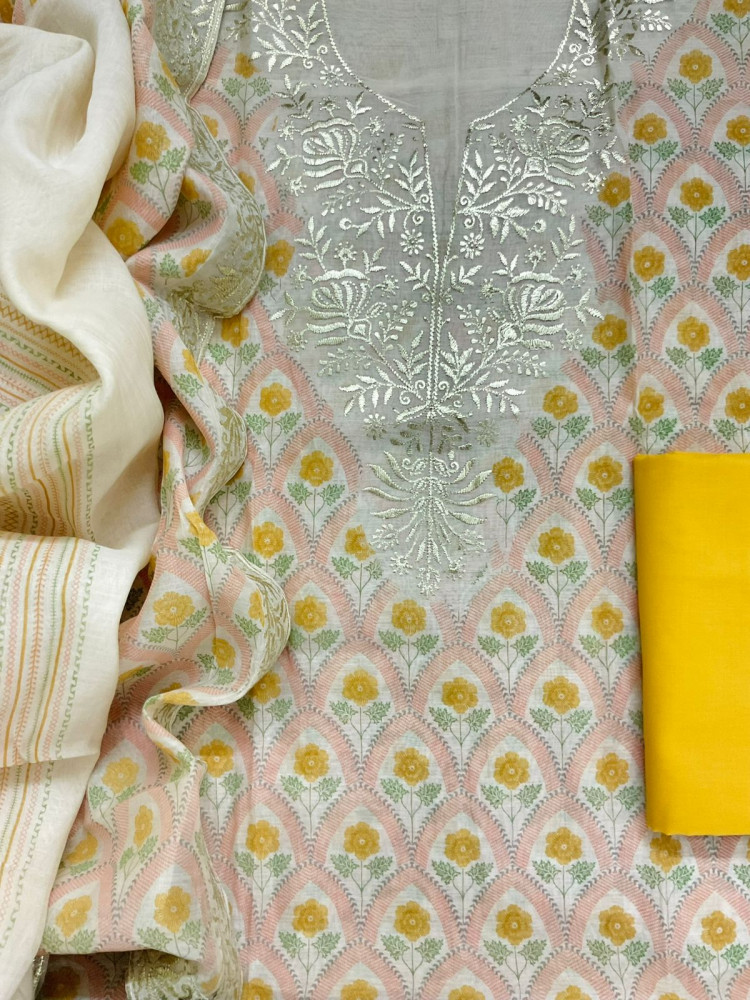 Image of Pure Mul Chanderi Printed Embroidered Suit - Peach