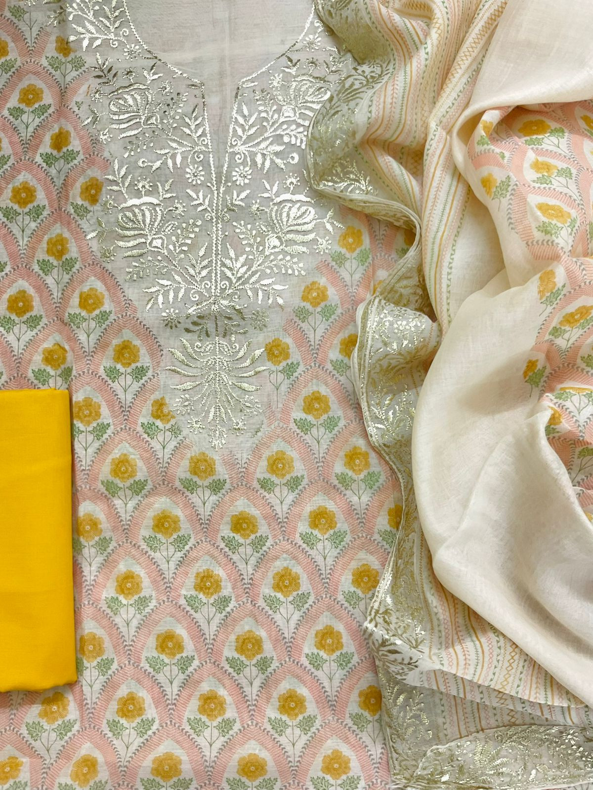 Pure Mul Chanderi Printed Embroidered Suit - Peach