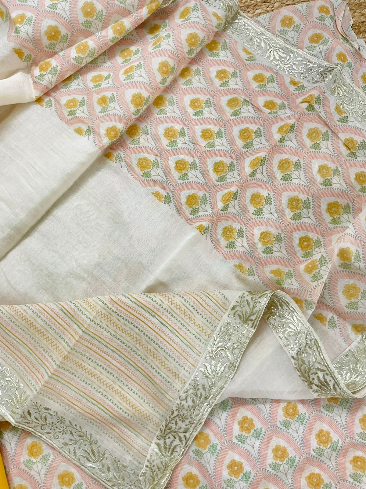 Pure Mul Chanderi Printed Embroidered Suit - Peach