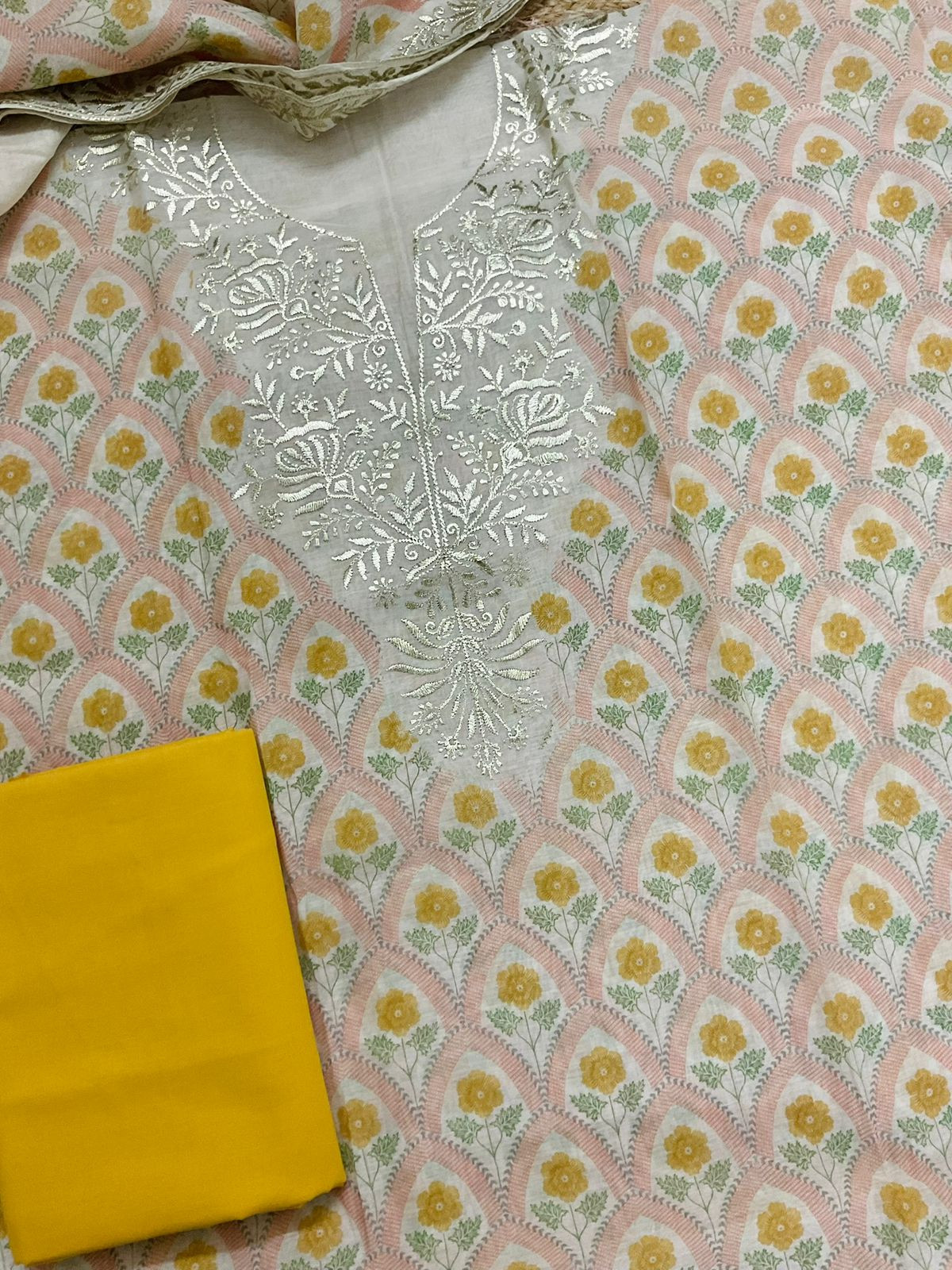 Pure Mul Chanderi Printed Embroidered Suit - Peach