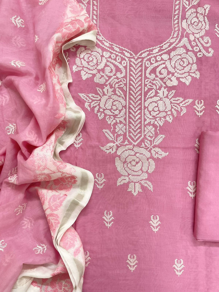 Image of Pure Chanderi Embroidered Suit - Pink
