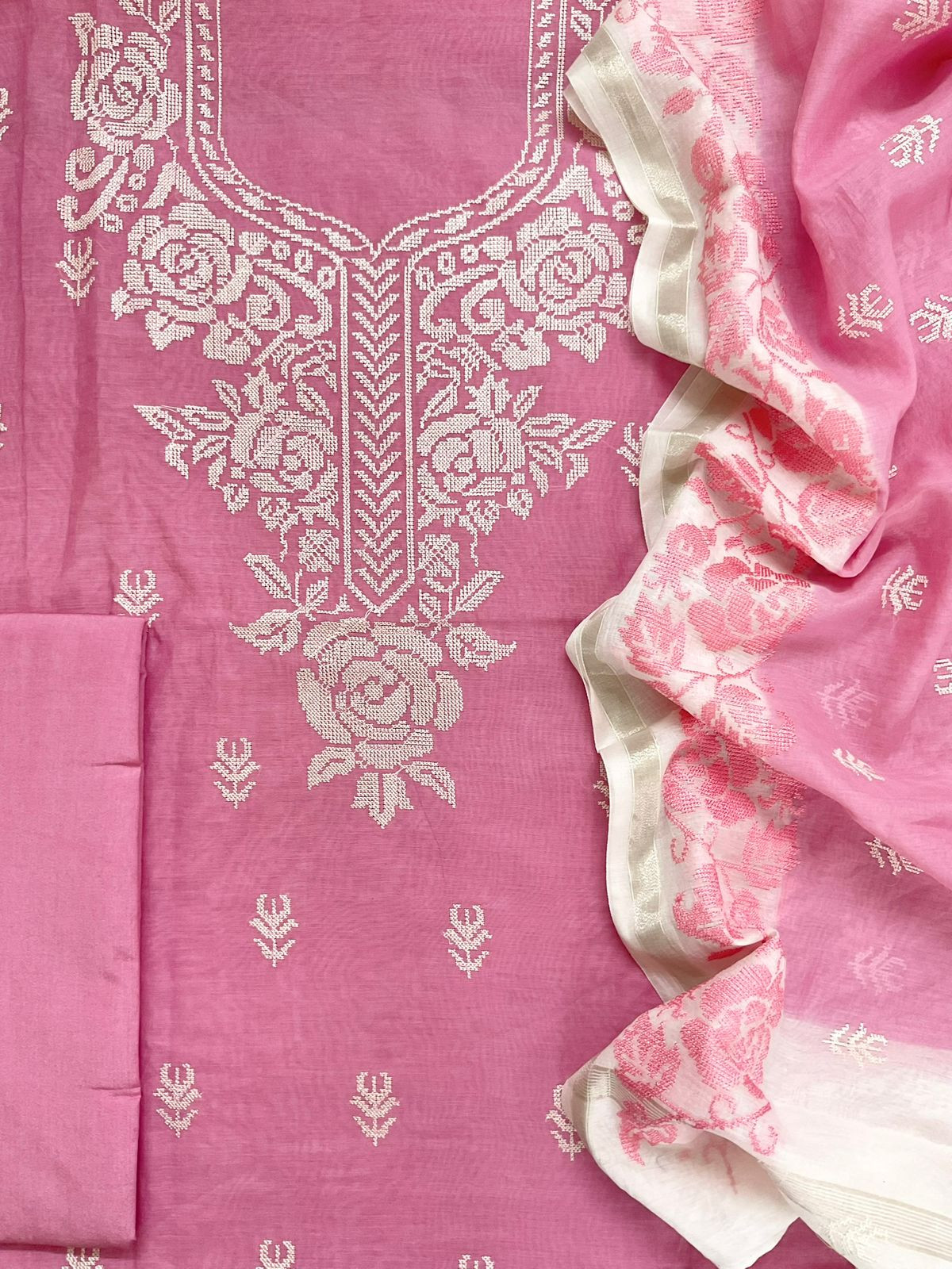 Pure Chanderi Embroidered Suit - Pink