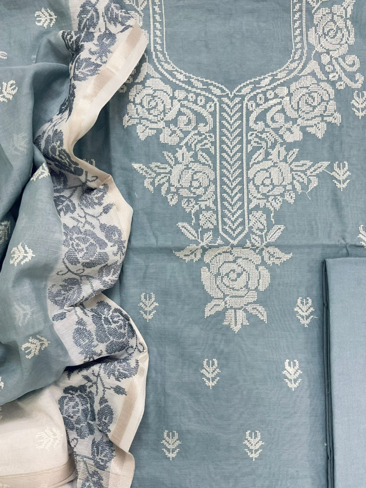 Image of Pure Chanderi Embroidered Suit - Grey