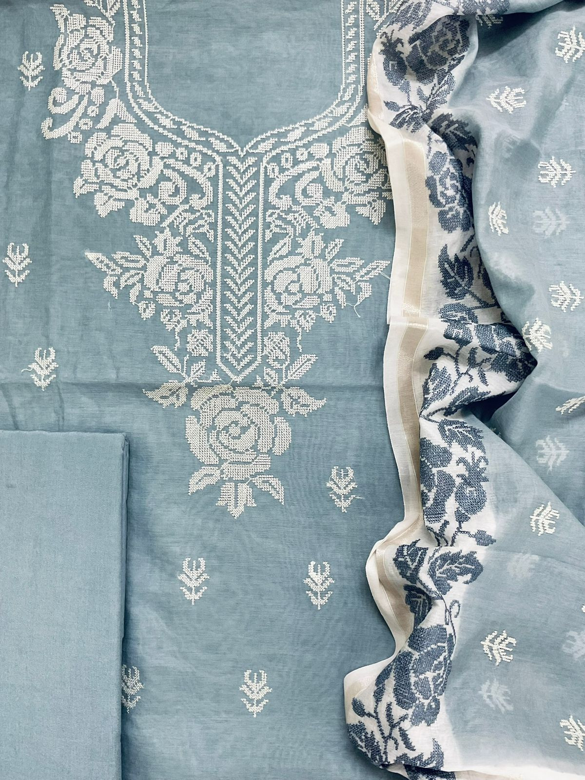 Pure Chanderi Embroidered Suit - Grey