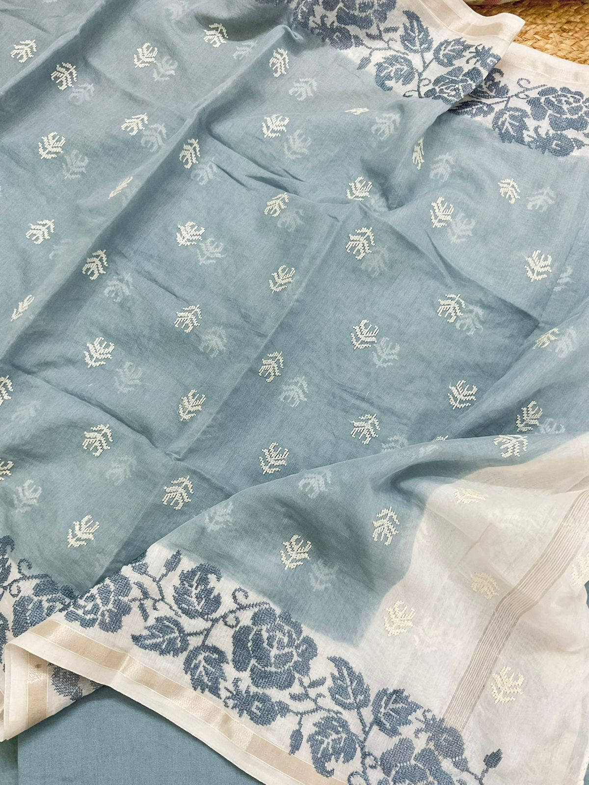 Pure Chanderi Embroidered Suit - Grey