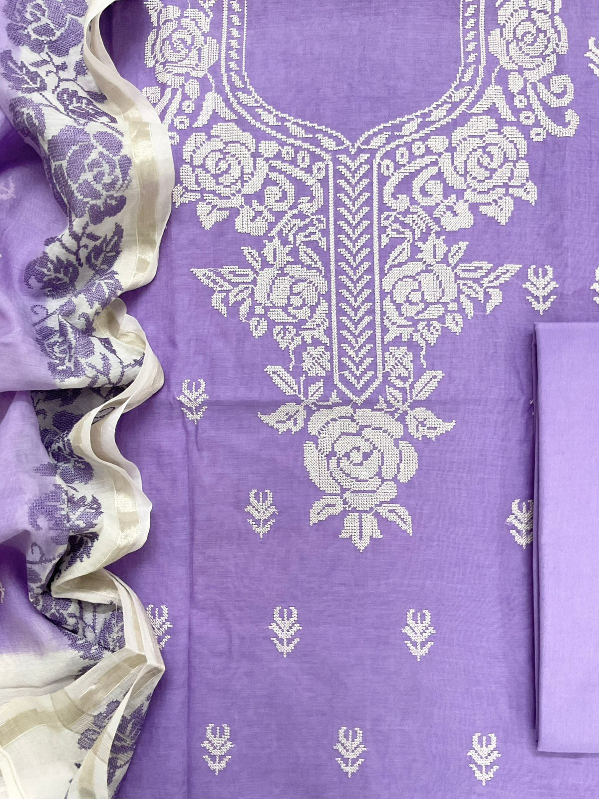 Pure Chanderi Embroidered Suit - Lavender