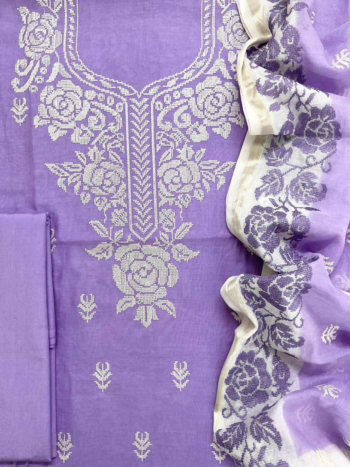 Pure Chanderi Embroidered Suit - Lavender