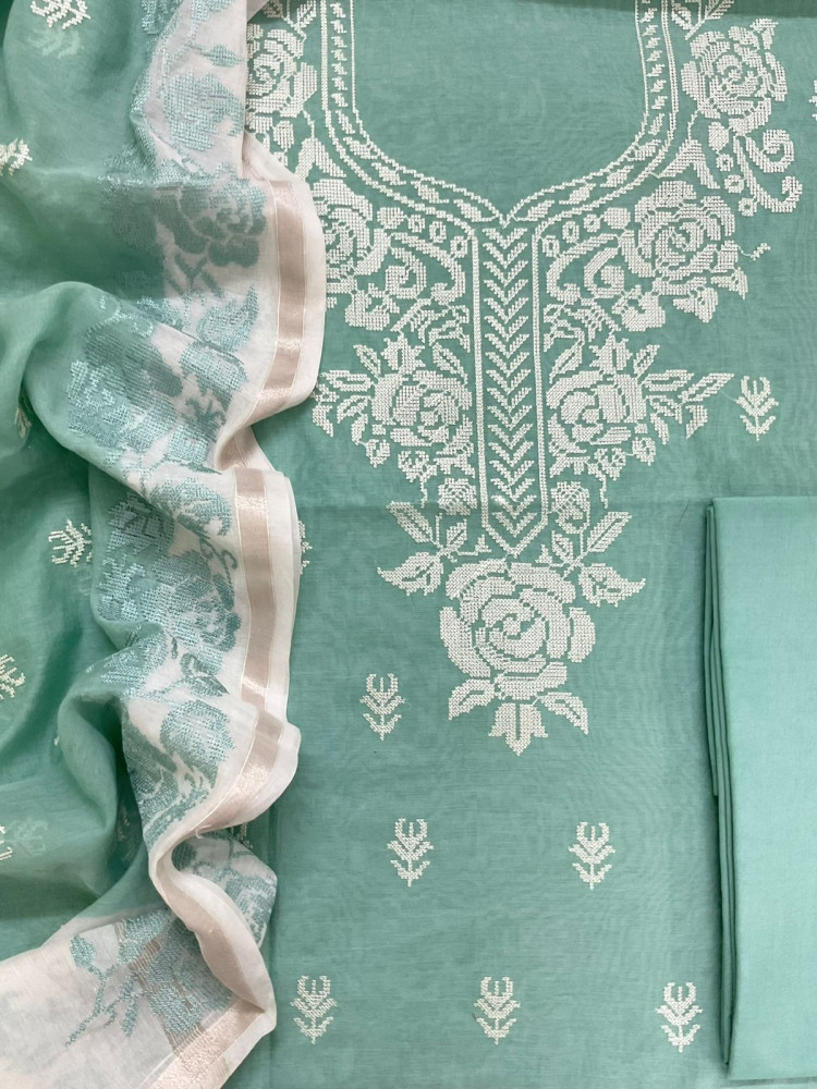 Image of Pure Chanderi Embroidered Suit - Green