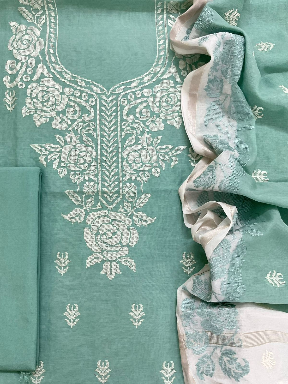 Pure Chanderi Embroidered Suit - Green
