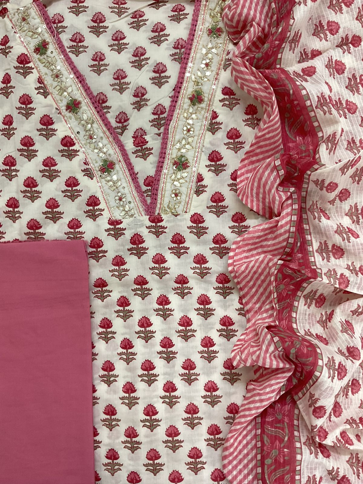 Pure Cotton Printed Embroidered Suit - Off White