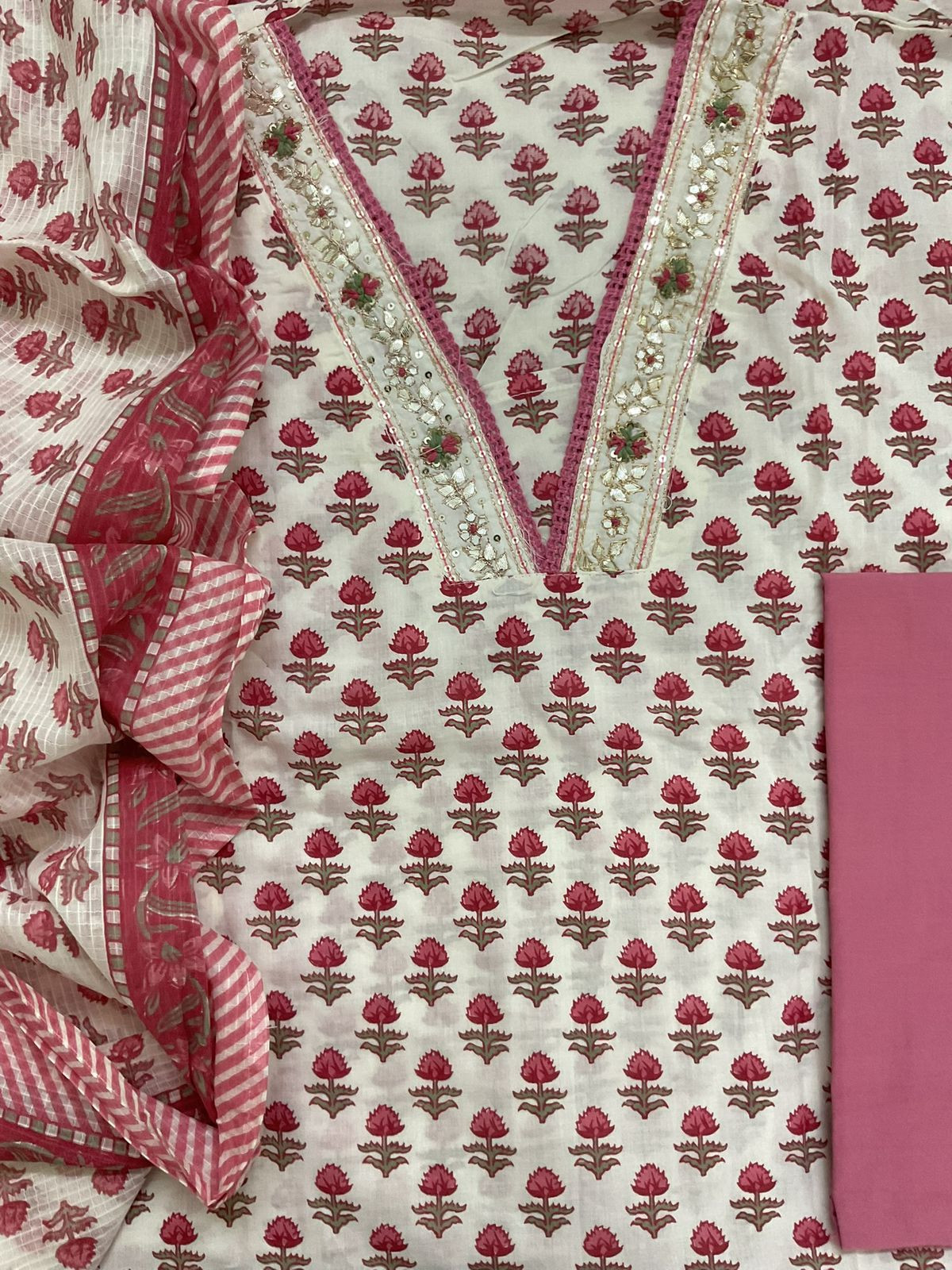Pure Cotton Printed Embroidered Suit - Off White