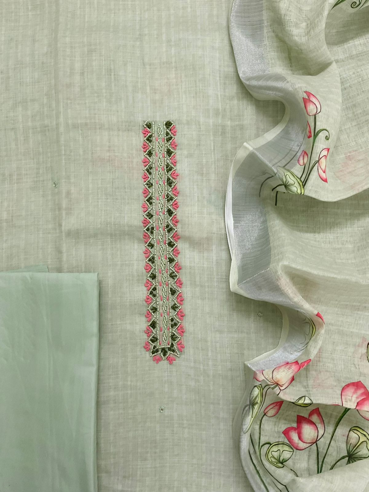 Soft Linen Jute Cotton Printed Embroidered Suit - Green