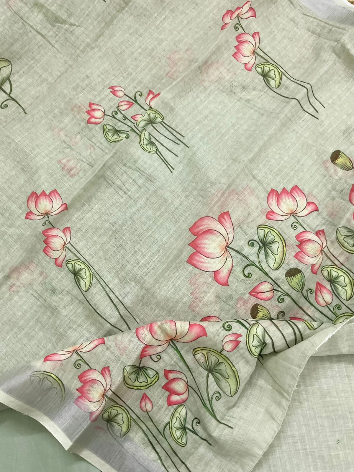 Soft Linen Jute Cotton Printed Embroidered Suit - Green