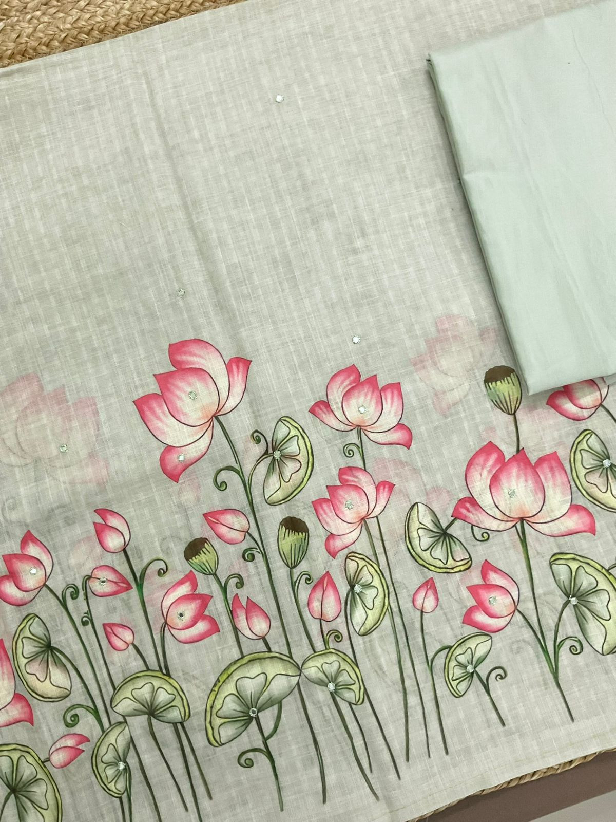 Soft Linen Jute Cotton Printed Embroidered Suit - Green