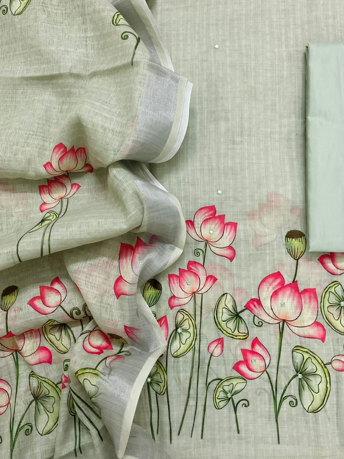 Soft Linen Jute Cotton Printed Embroidered Suit - Green